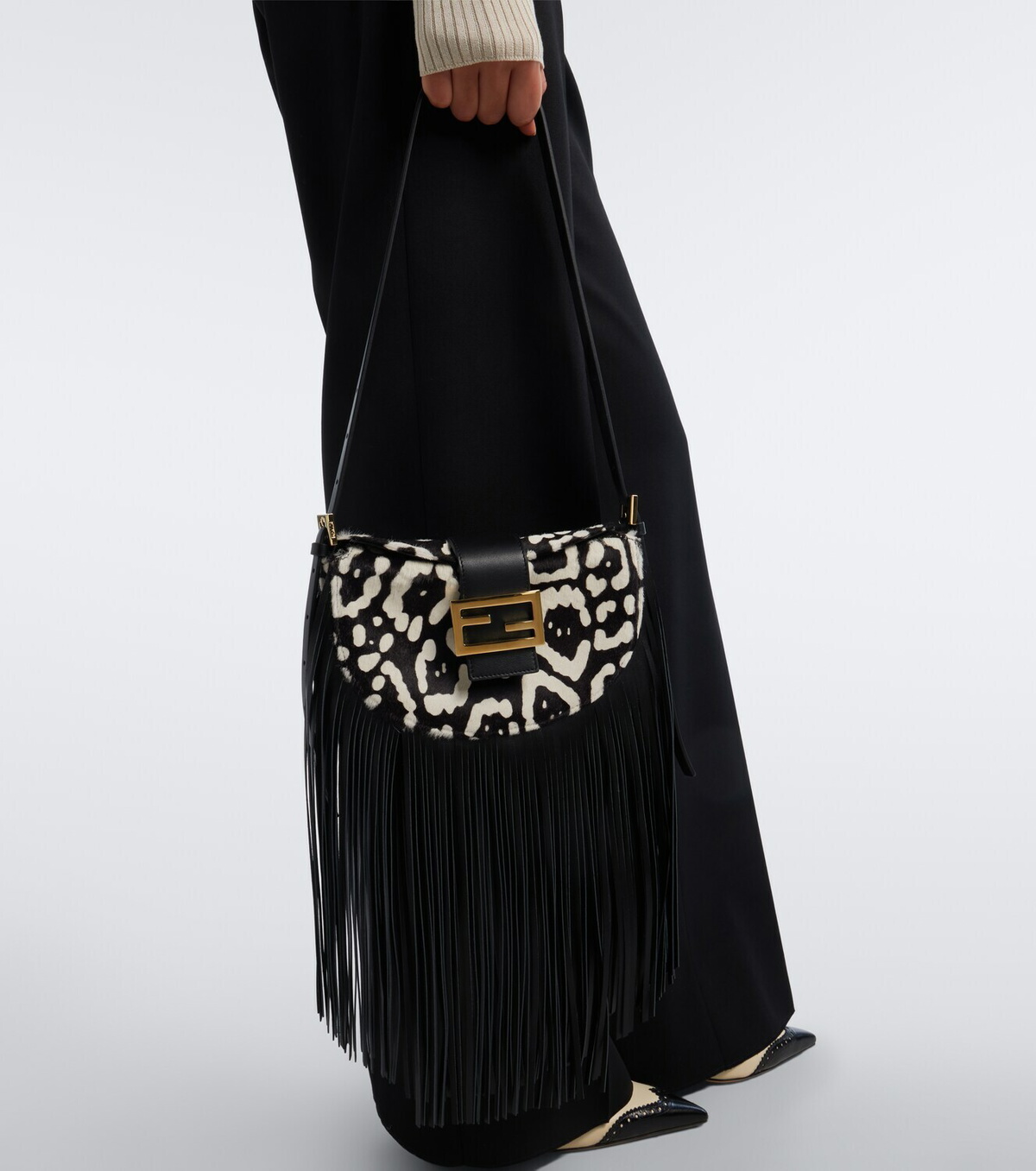 Fendi Croissant fringed calf hair shoulder bag