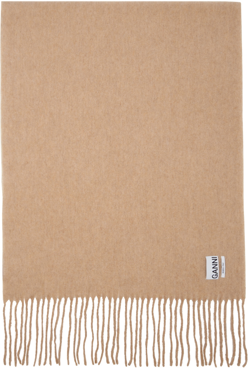 GANNI Beige & Off-White Fringed Wool Scarf