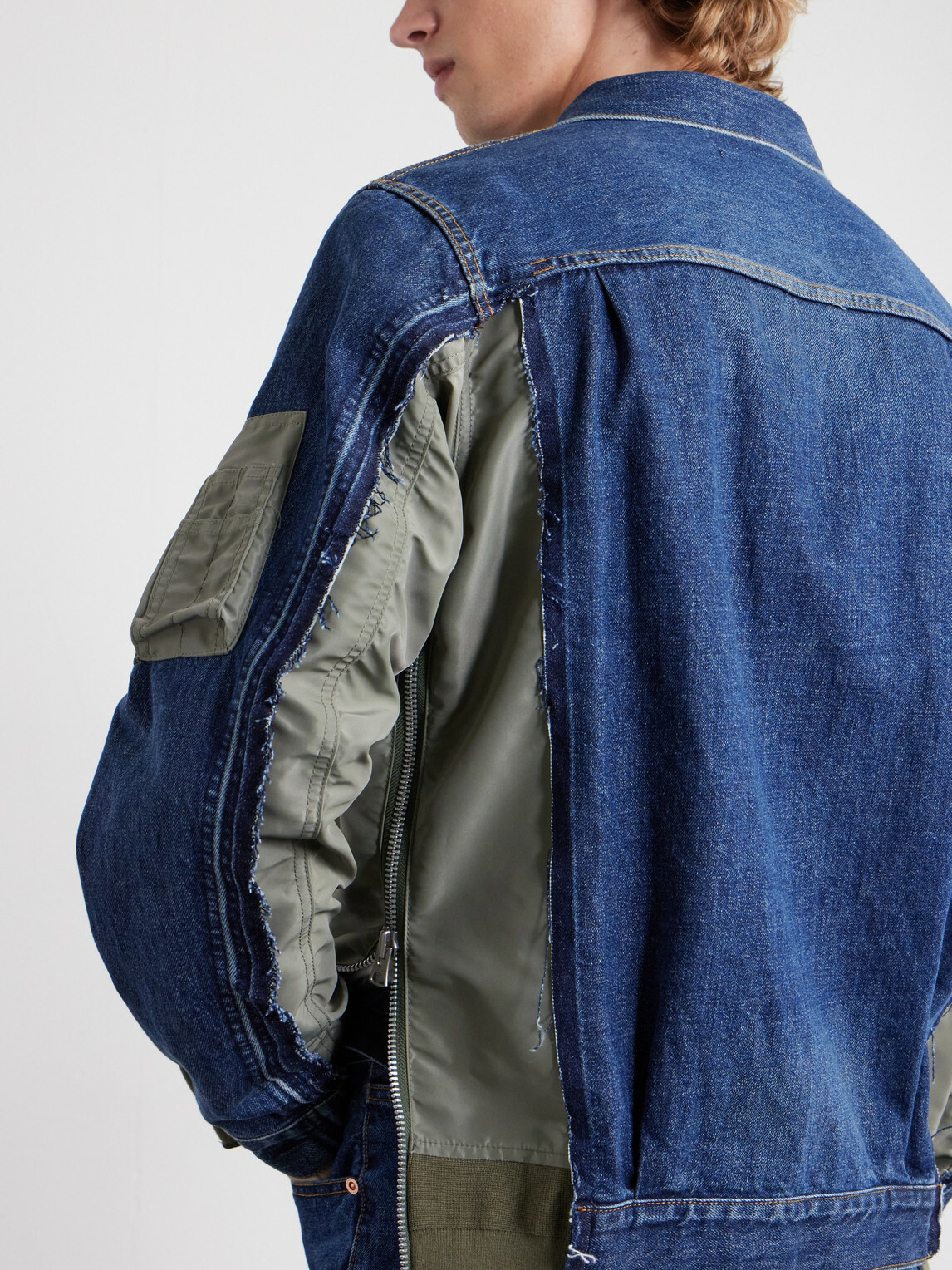 Sacai - Distressed Shell-Trimmed Denim Jacket - Blue