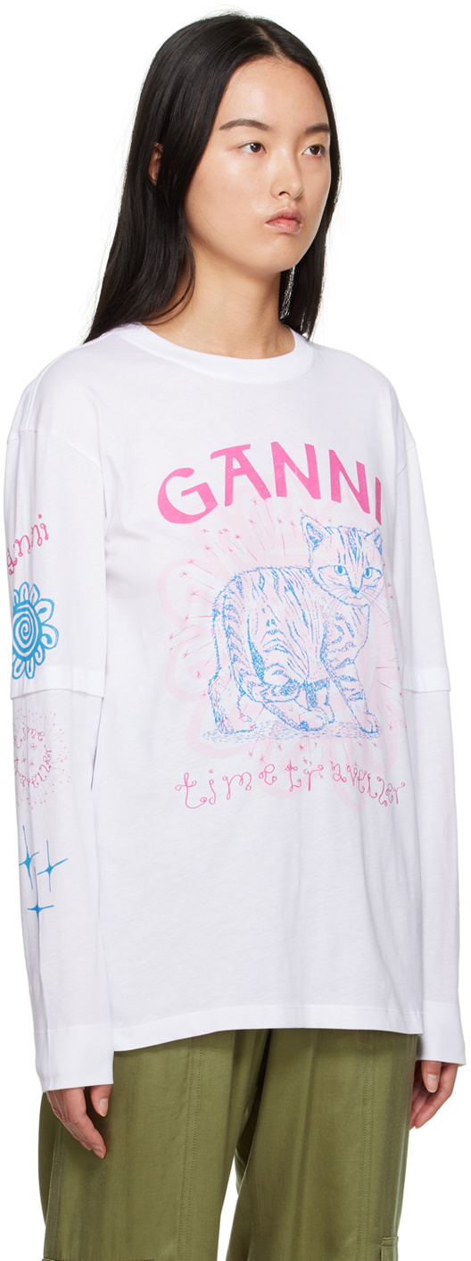 GANNI White Printed Long Sleeve T-Shirt GANNI