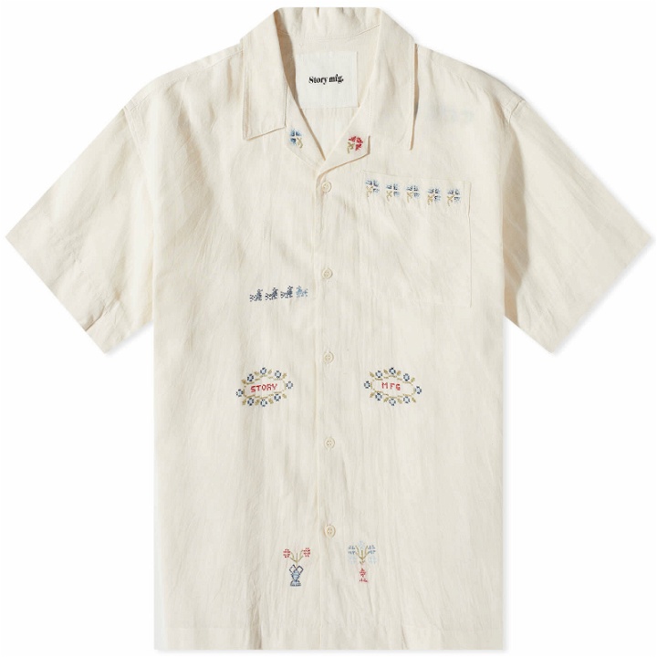 Photo: Story mfg. Men's Sampler Embroidered Greetings Vacation Shirt in Sampler Hand Embroidery