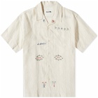 Story mfg. Men's Sampler Embroidered Greetings Vacation Shirt in Sampler Hand Embroidery