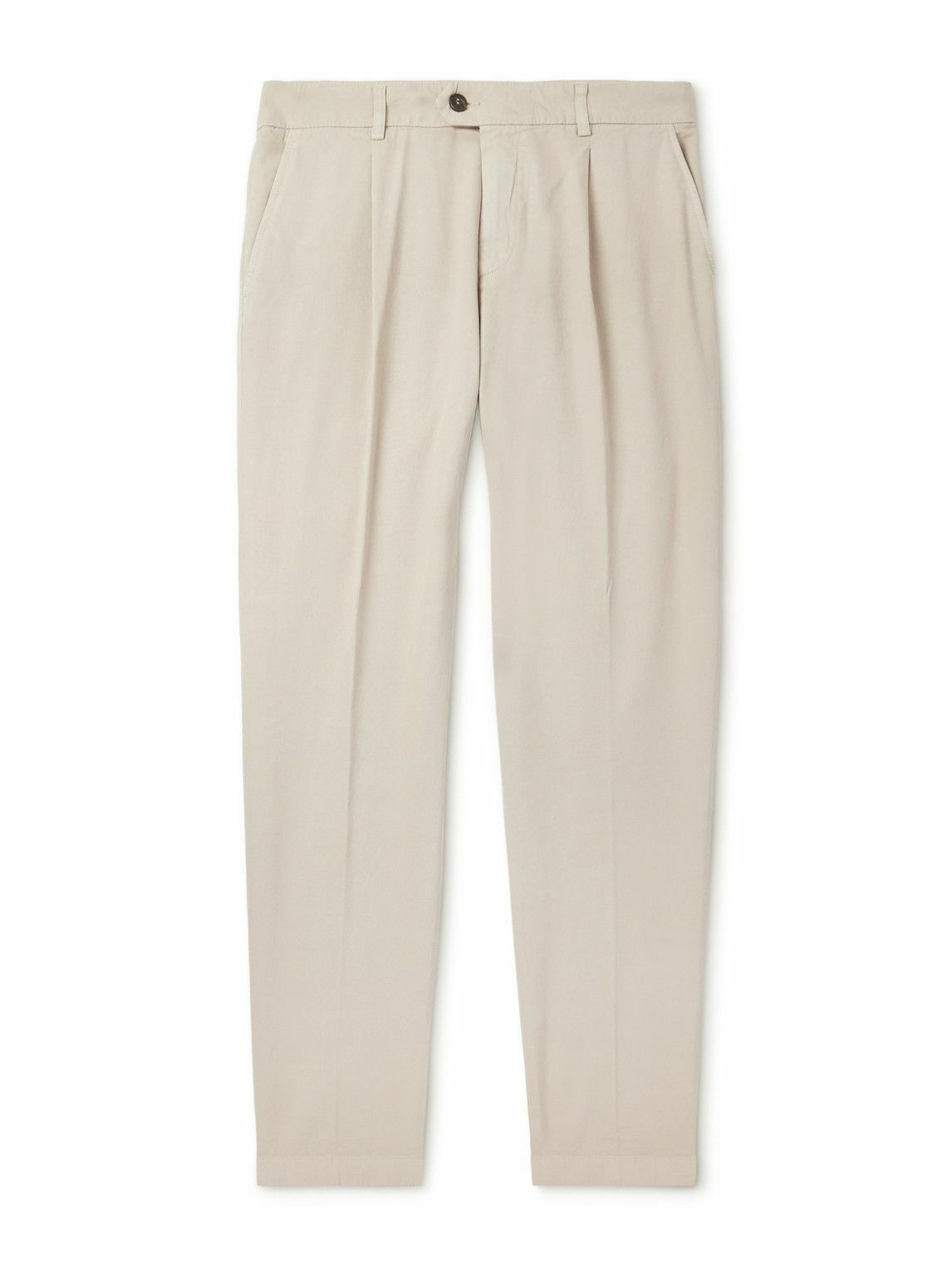 Eleventy - Straight-Leg Pleated Stretch Cotton and Lyocell-Blend Trousers - Neutrals