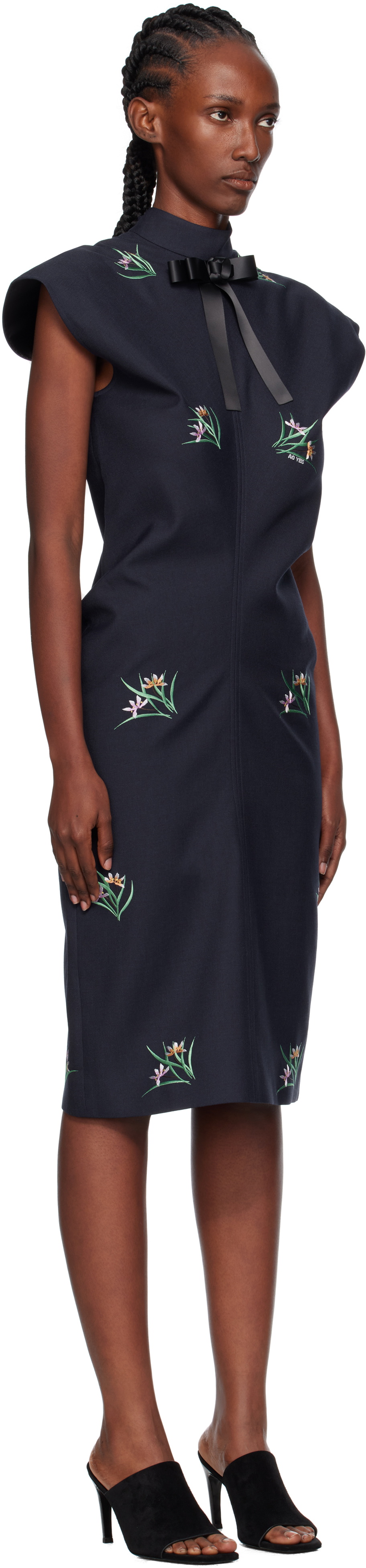 AO Yes Navy Embroidery Bias Cut Midi Dress