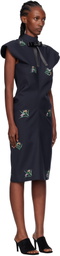 AO Yes Navy Embroidery Bias Cut Midi Dress