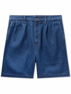 GUCCI - Straight-Leg Pleated Embroidered Denim Shorts - Blue