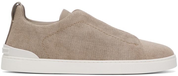 Photo: ZEGNA Taupe Canvas Triple Stitch Sneakers