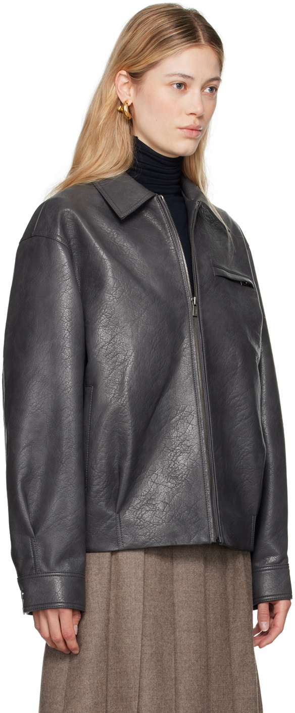 LE17SEPTEMBRE Gray Spread Collar Faux-Leather Jacket