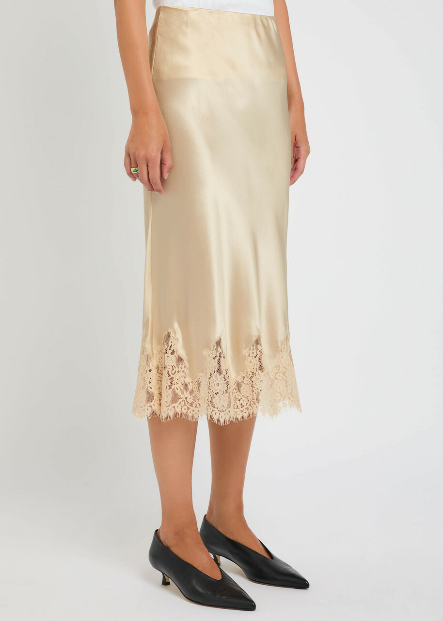 Reformation Carolina Lace-trimmed Silk-satin Midi Skirt Beige