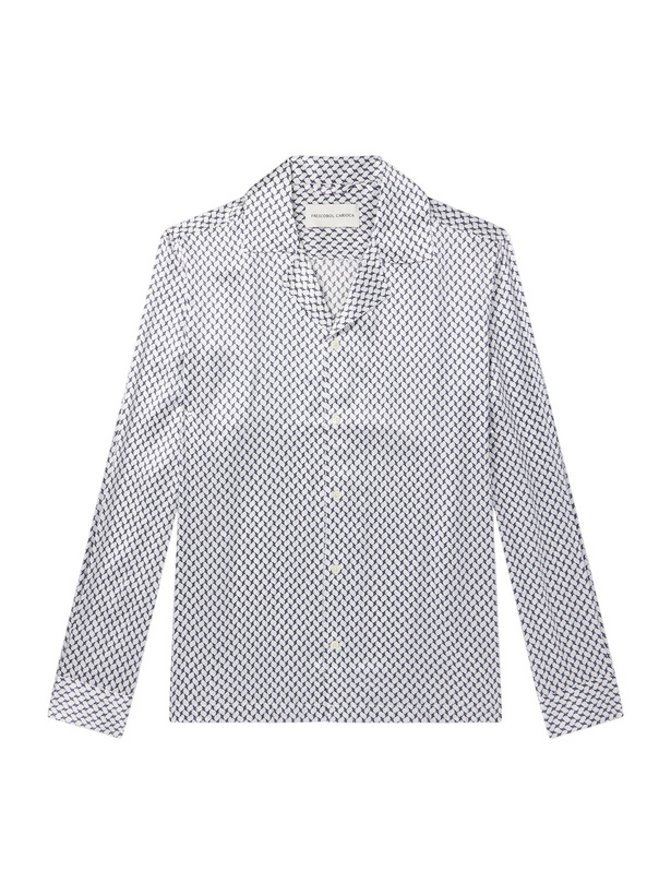 Photo: Frescobol Carioca - Safra Camp-Collar Printed Silk-Satin Shirt - Blue