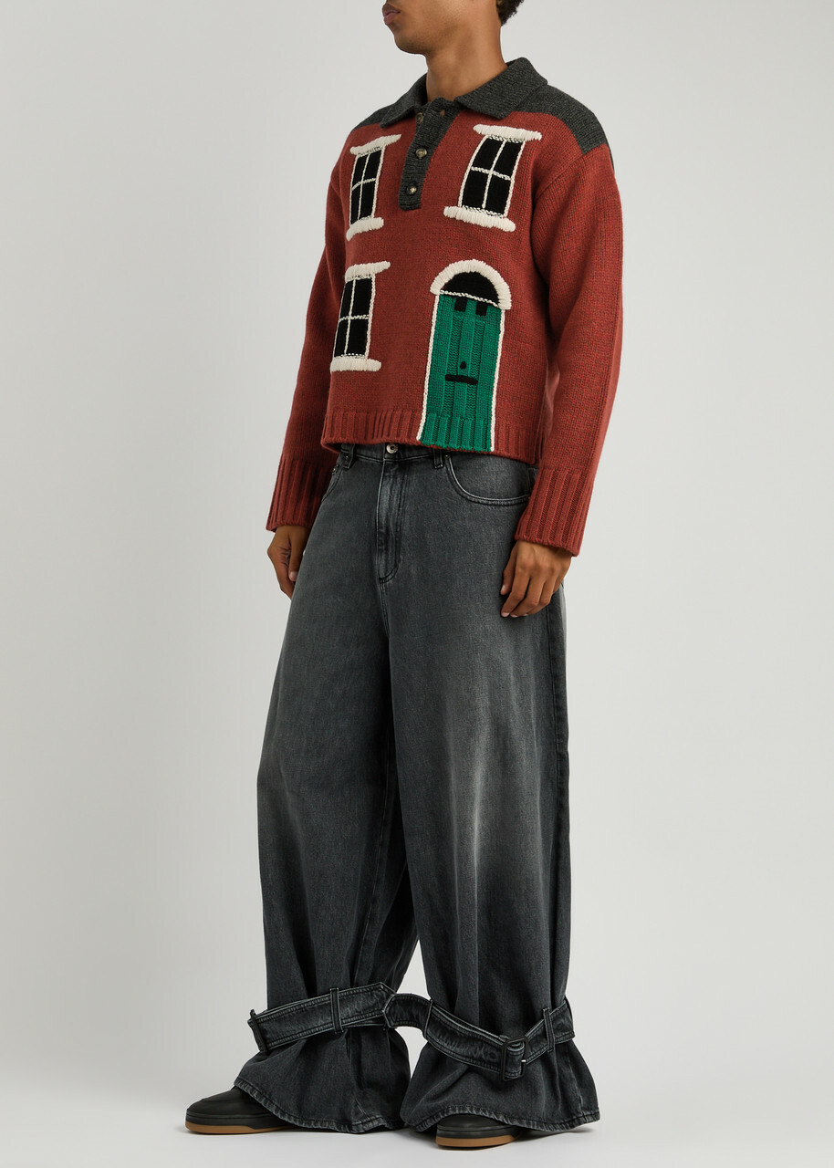 JW Anderson House-intarsia Wool Polo Jumper Dark Brown