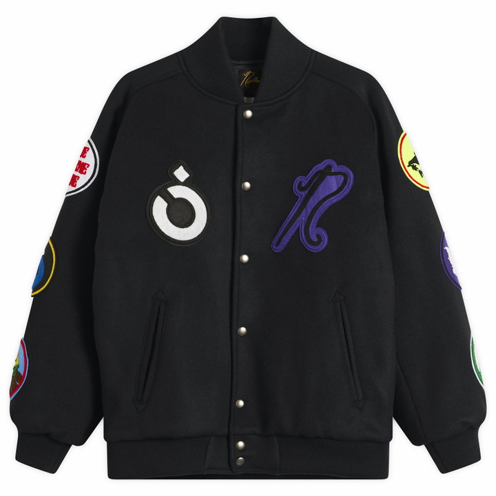 Photo: NOMARHYTHM TEXTILE Men's x Needles Patch Varsity Jacket in Black X Mix