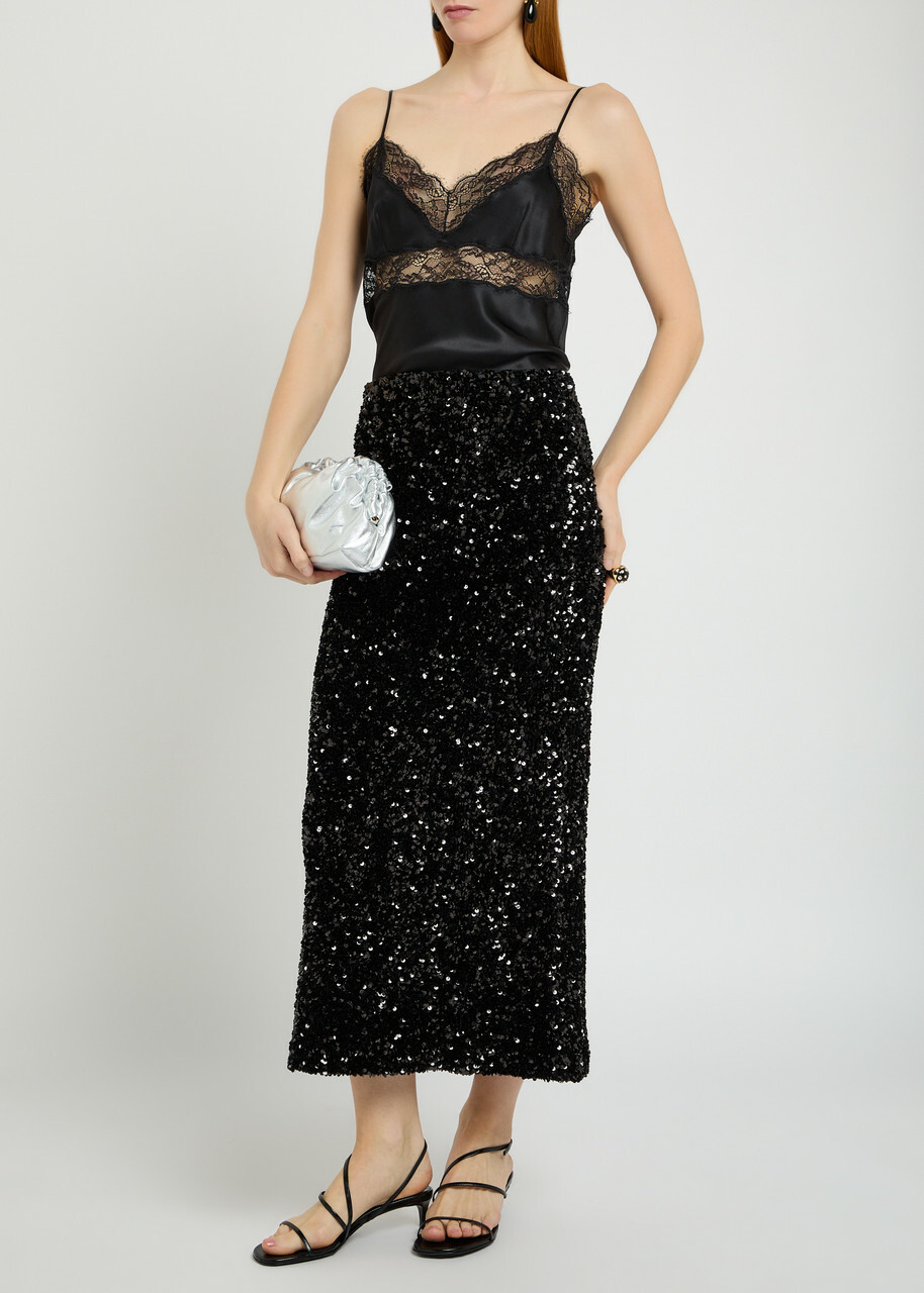 Vince Sequin-embellished Velvet Midi Skirt Black