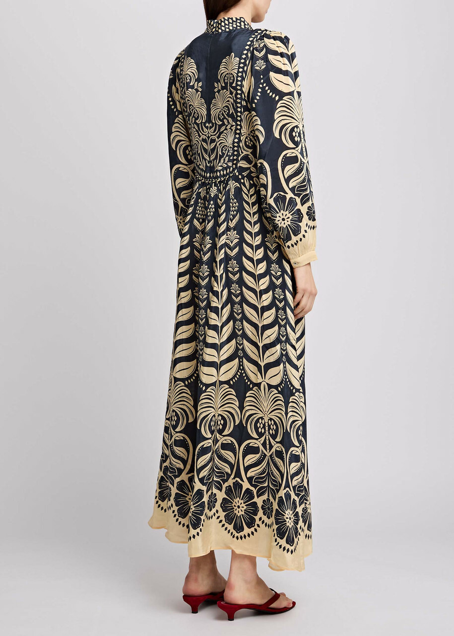 Farm Rio Ainika Printed Satin Maxi Dress Dark Blue