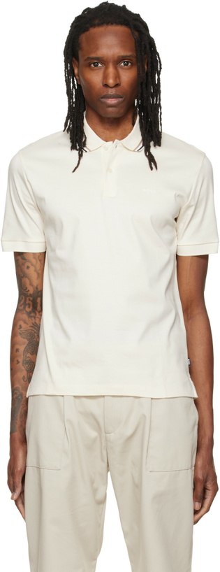Photo: BOSS Off-White Striped Collar Slim-Fit Cotton Polo