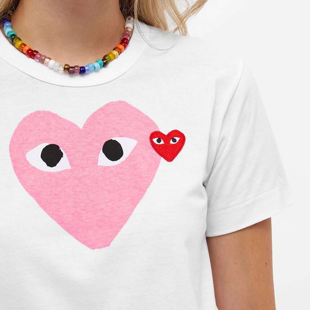 Comme des Garcons Play Women s Double Heart Logo T Shirt in White Pink Comme des Garcons Play