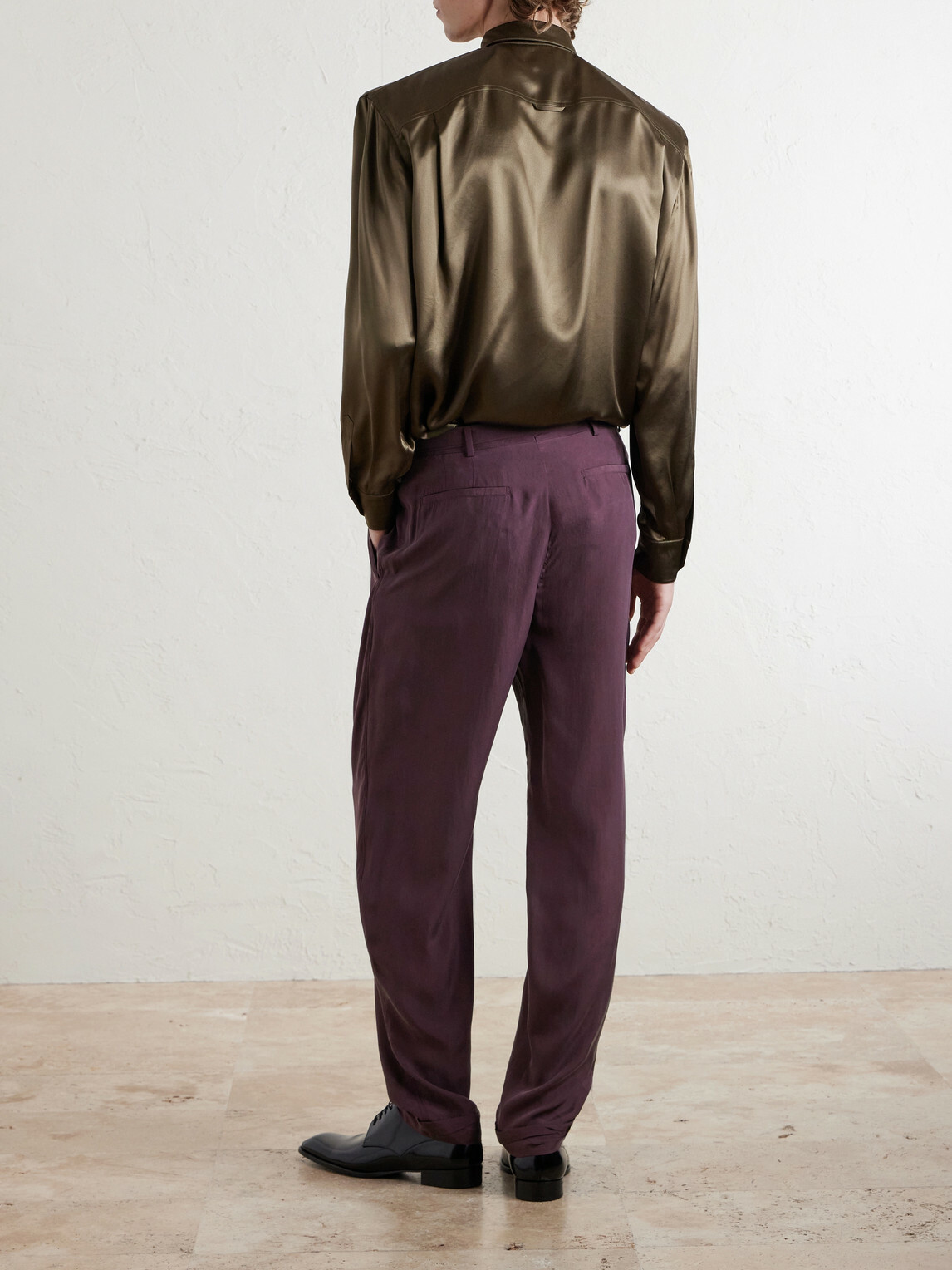 SAINT LAURENT - Tapered Belted Pleated Silk Trousers - Purple