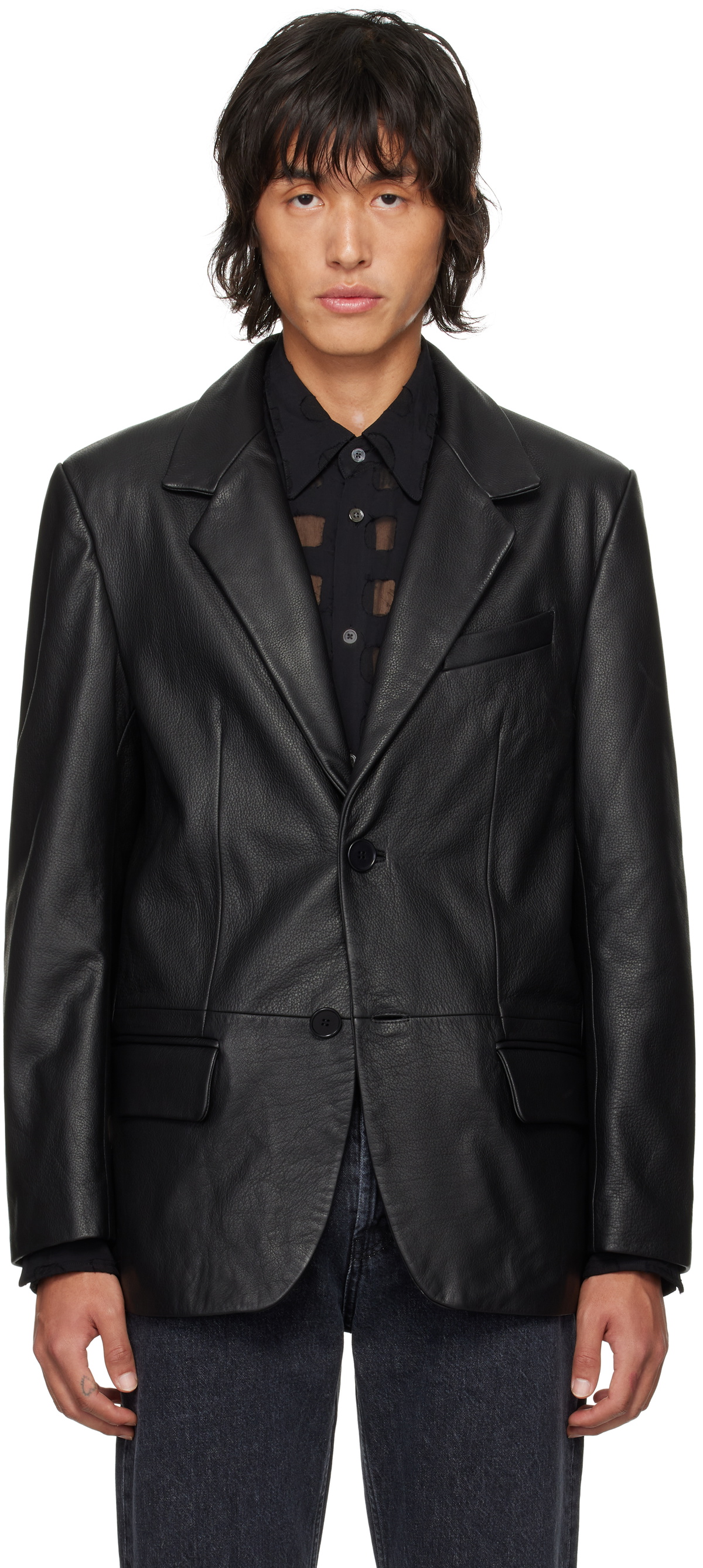 Sunflower Black Notched Lapel Leather Blazer Sunflower