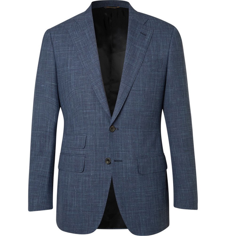 Photo: Thom Sweeney - Blue Slim-Fit Checked Wool, Silk and Linen-Blend Suit Jacket - Blue