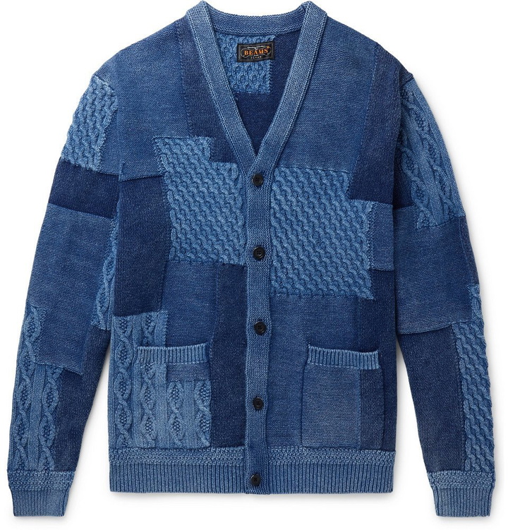 Photo: Beams Plus - Patchwork Indigo-Dyed Cable-Knit Cotton Cardigan - Blue