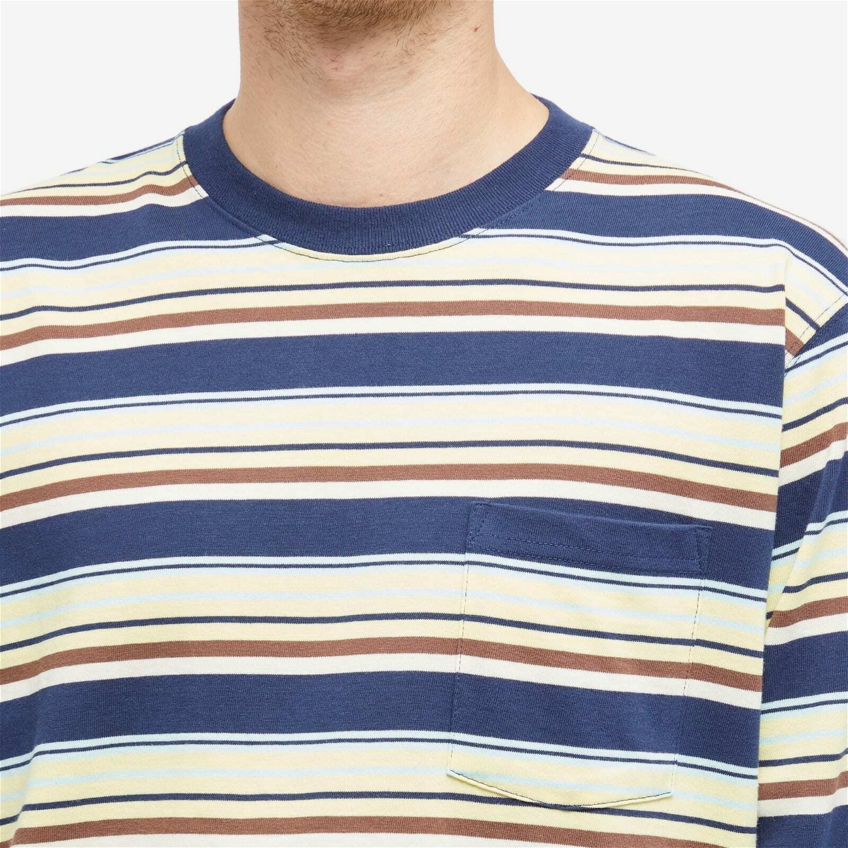 Beams Plus Men's Long Sleeve Multi Stripe Pocket T-Shirt in Navy Beams Plus