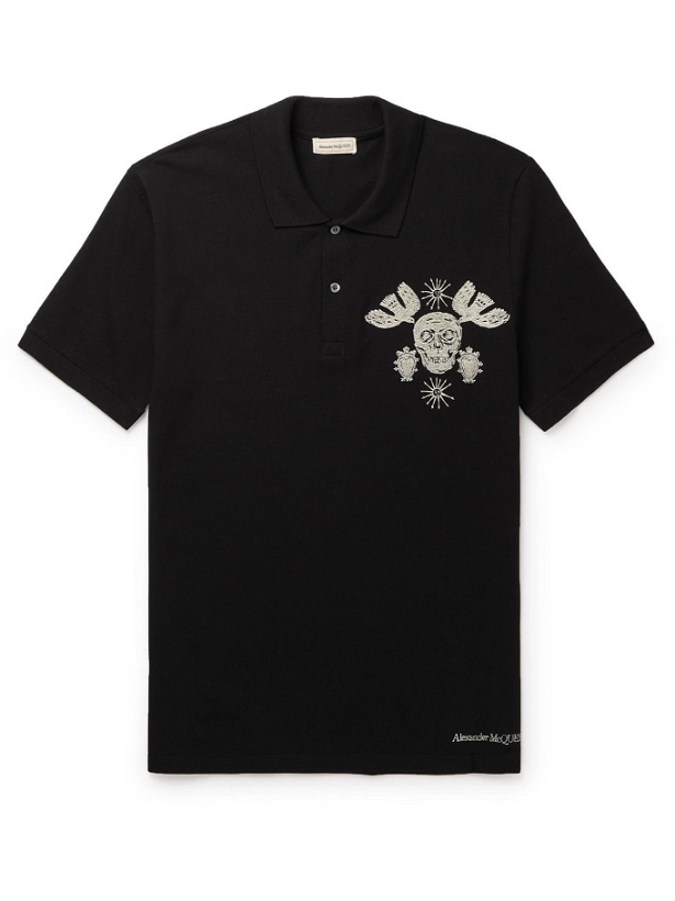 Photo: ALEXANDER MCQUEEN - Slim-Fit Embroidered Cotton-Piqué Polo Shirt - Black