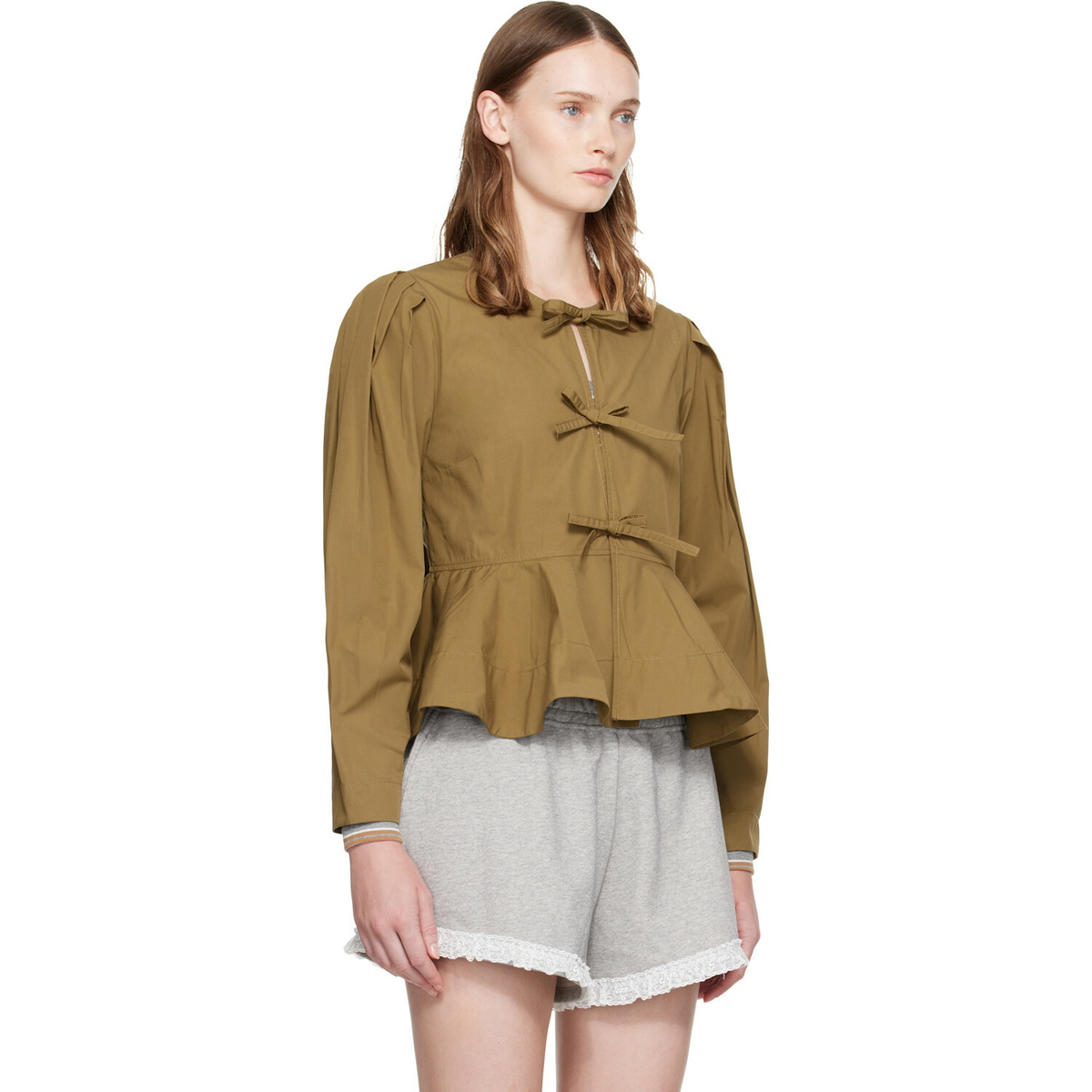 GANNI Khaki Compact Poplin Long Sleeve Peplum Blouse