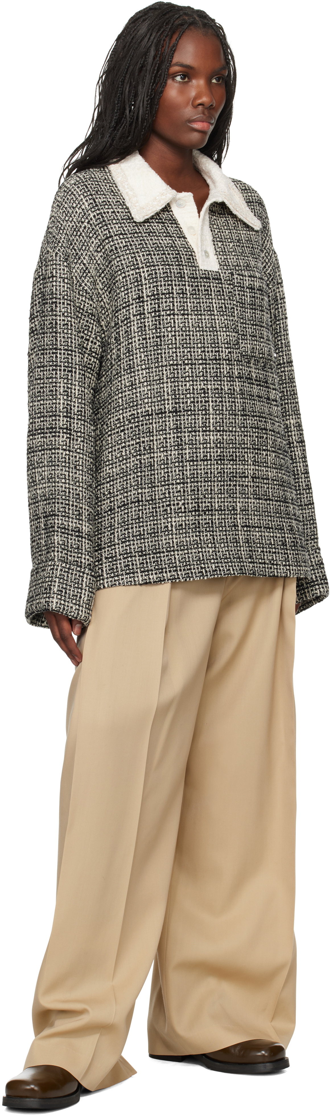WOOYOUNGMI Black & White Multi Tweed Long Sleeve Polo