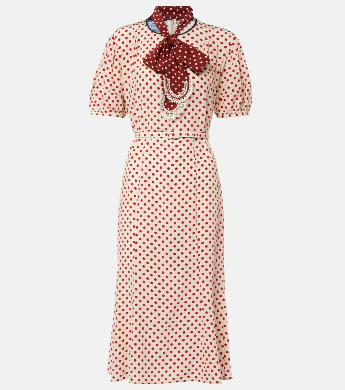 Prada Scarf-detail polka-dot silk midi dress
