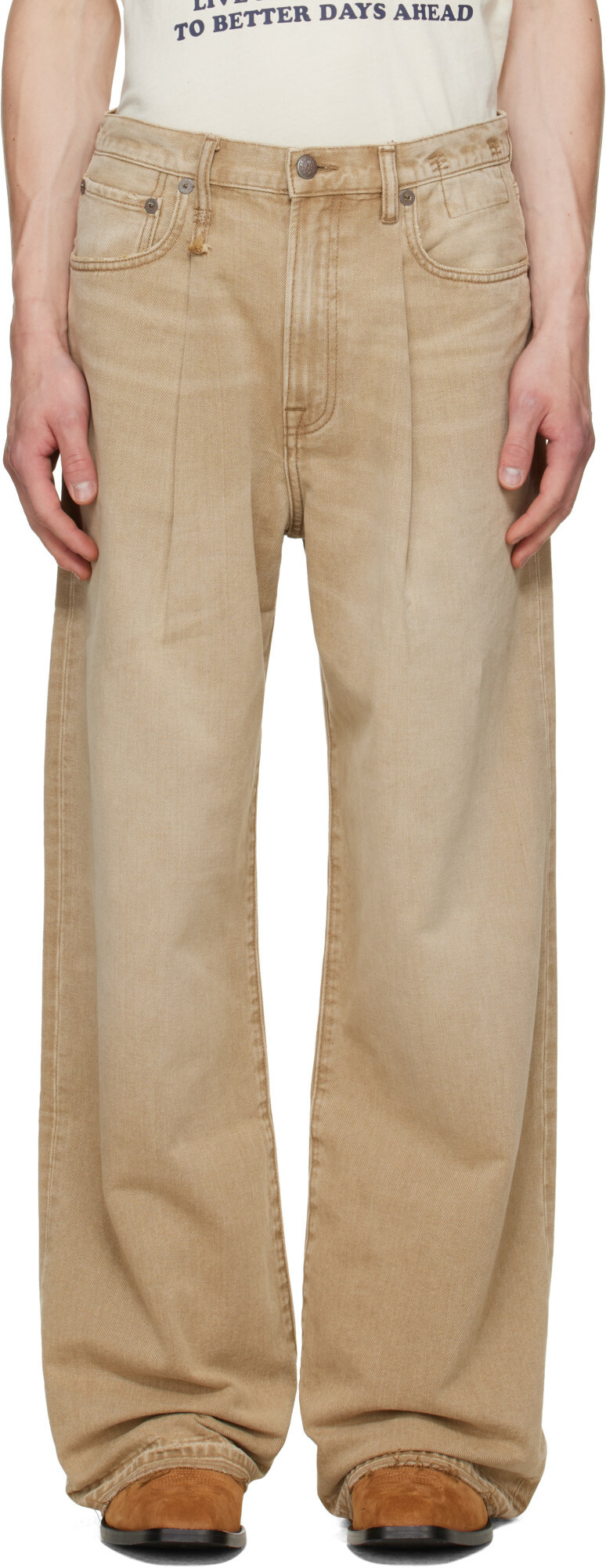 R13 Beige Damon Pleated Jeans