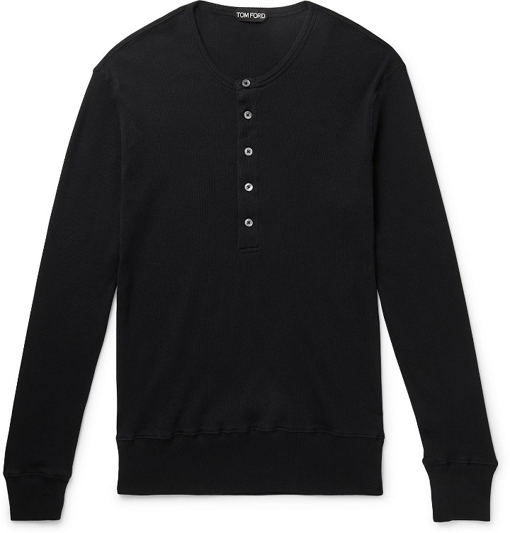 Photo: TOM FORD - Slim-Fit Ribbed Cotton-Jersey Henley T-Shirt - Black