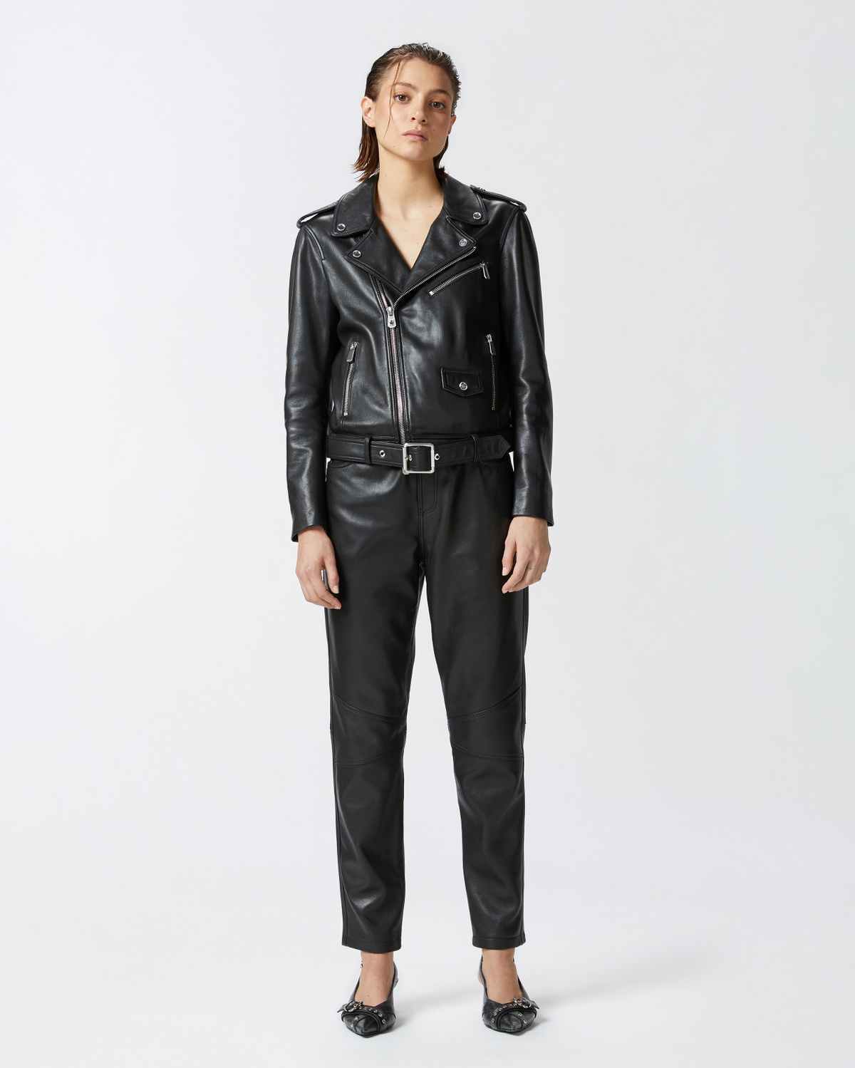 Pinko Soft Nappa Leather Biker Jacket Limo Black