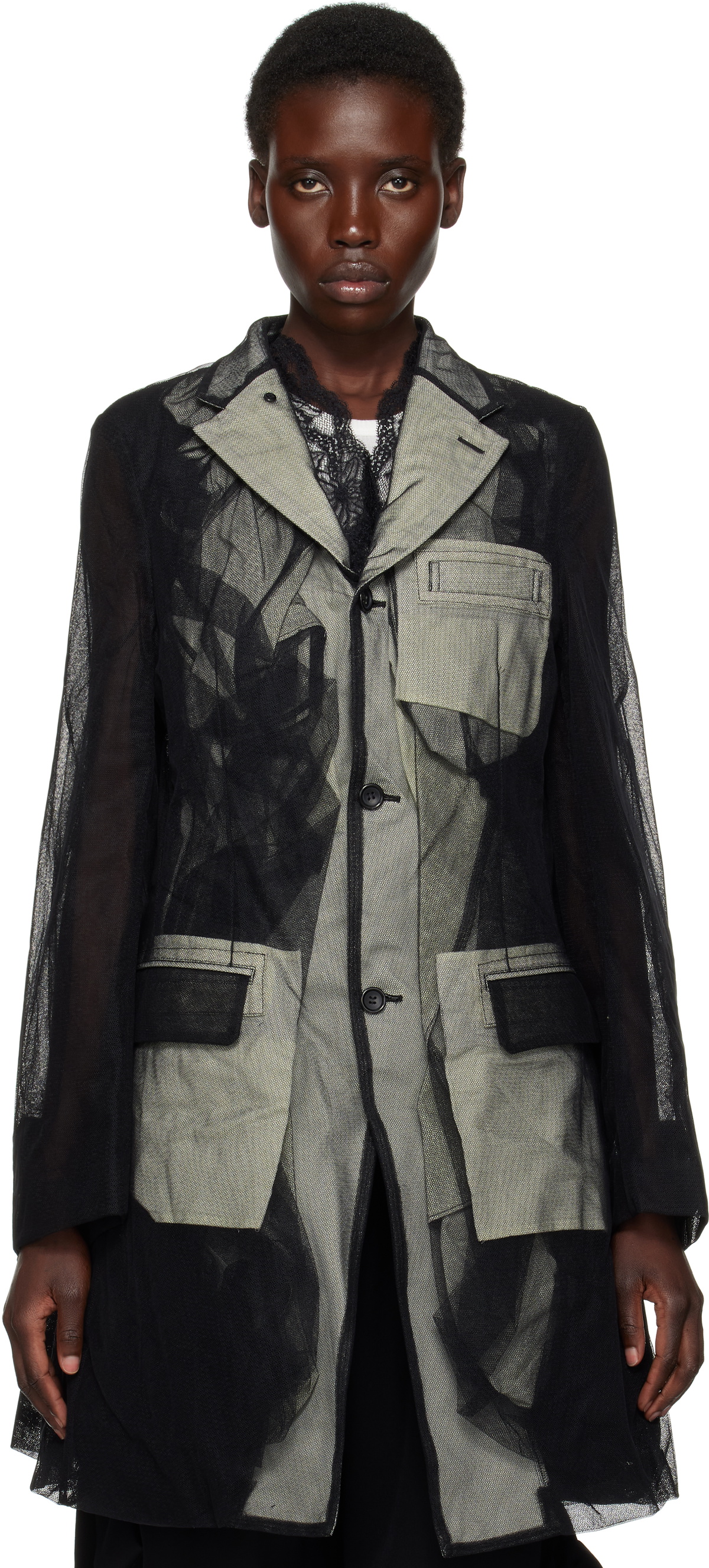 Comme des Garçons Homme Plus Black Nylon Tulle & Cotton Cloth Blazer