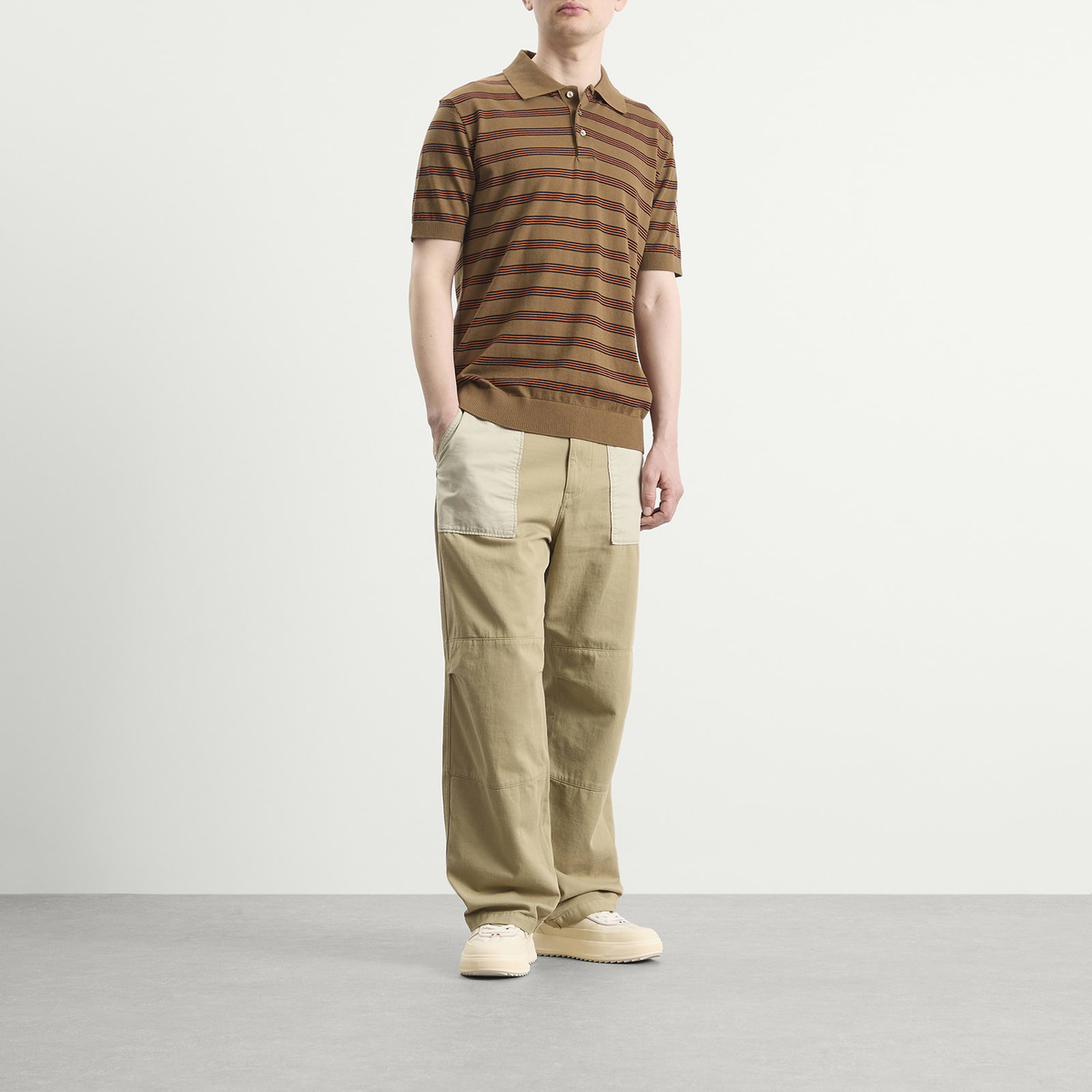 Moncler Men's Stripe Short Sleeve Knitted Polo in Brown