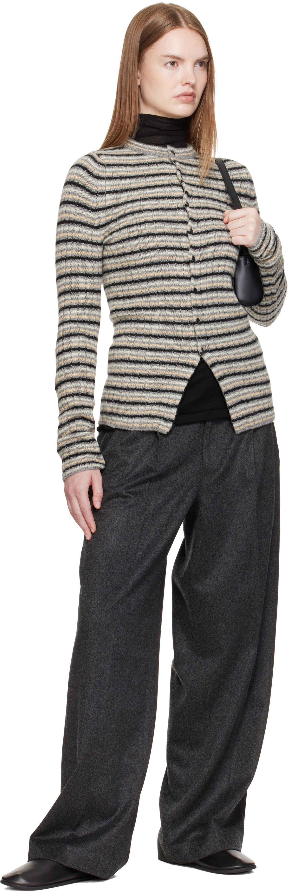 AURALEE Gray Shetland Wool Cashmere Rib Knit Crew-Neck Cardigan