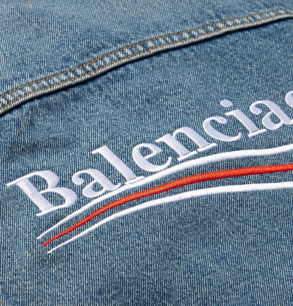 Balenciaga Cropped Embroidered Distressed Denim Jacket Men Mid denim Balenciaga