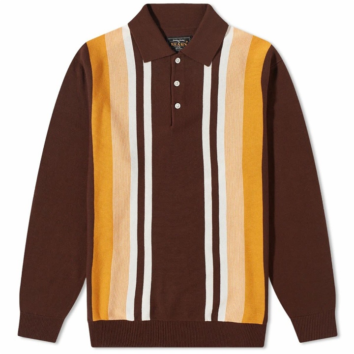 Photo: Beams Plus Men's Stripe Knitted Polo Shirt in Brown