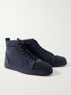 Christian Louboutin - Louis Spiked Glitter Suede-Trimmed Leather High-Top Sneakers - Blue