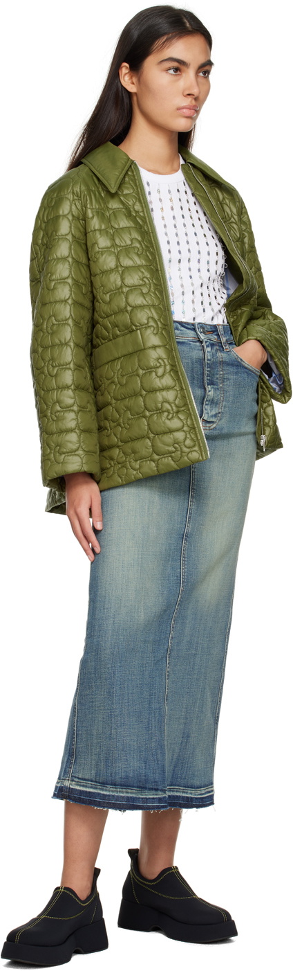 ジャケット GANNI Woman Jacket Kaki W0171 861 Kalamata Green Shiny Quilt Midi Jacket | GANNI US