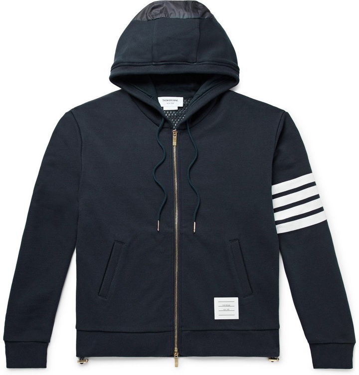 Photo: Thom Browne - Panelled Striped Loopback Cotton-Jersey and Ripstop Zip-Up Hoodie - Navy