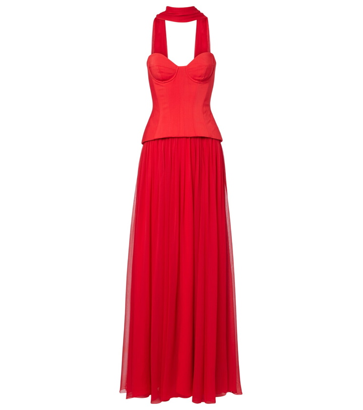 Photo: Monique Lhuillier Vermilion crêpe and chiffon corset gown
