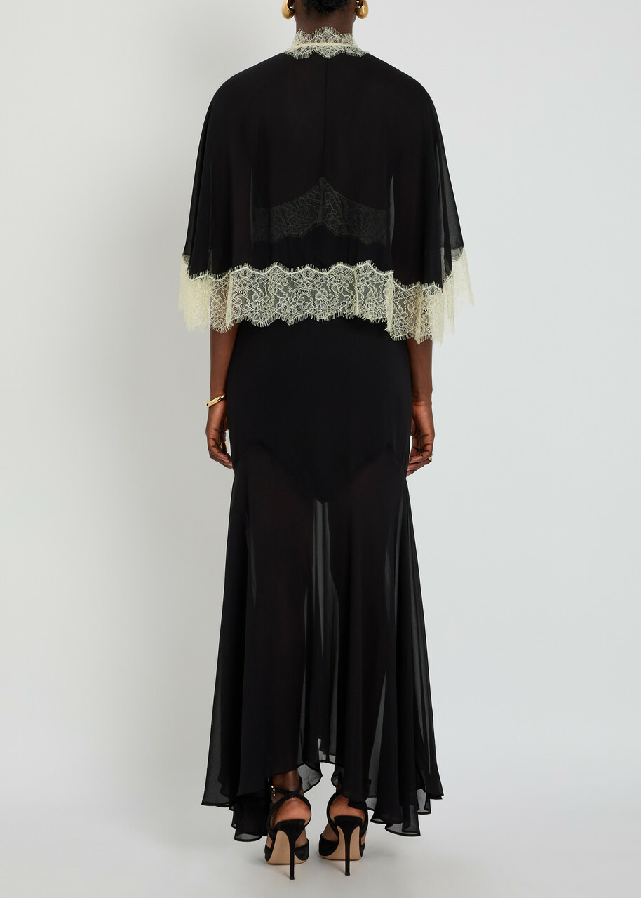 DE LA Vali Cielo Lace-trimmed Chiffon Cape and Maxi Dress Black