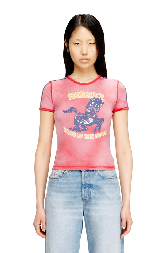 Photo: Diesel Cotton stretch T-shirt with horse graphic print - Tops Womens in Red