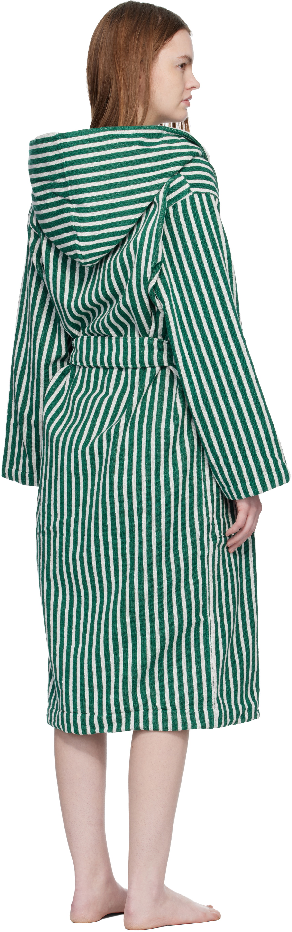 Tekla Green & White Terry Hooded Bathrobe