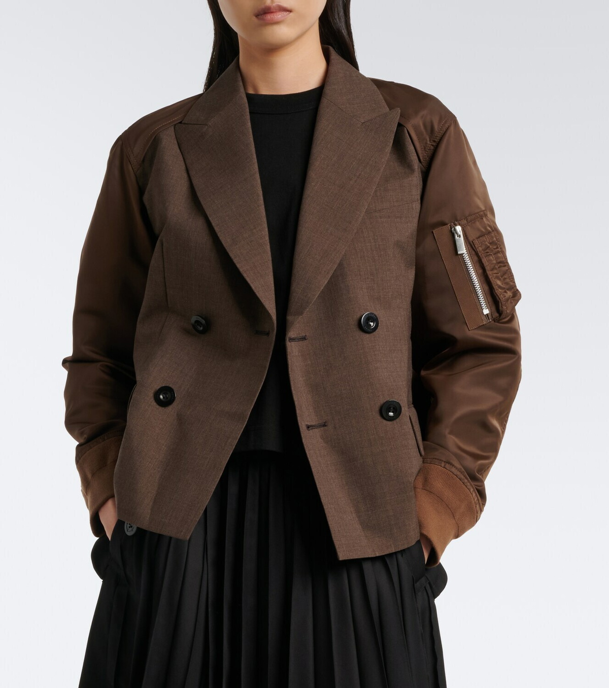 Sacai Double-breasted wool and technical jacket