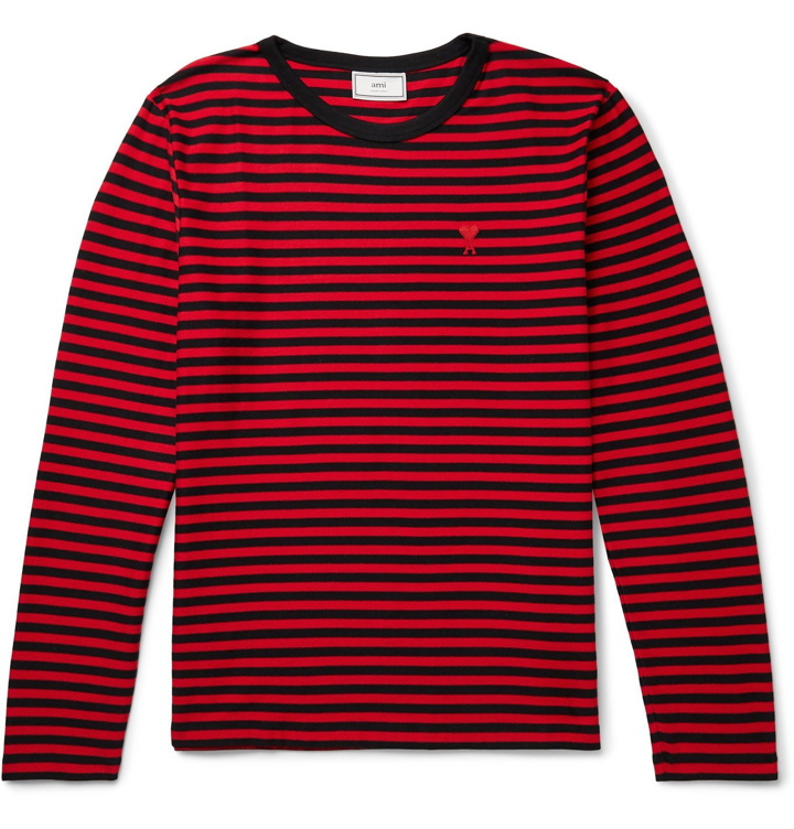 Photo: AMI - Logo-Appliquéd Striped Cotton-Jersey T-Shirt - Red