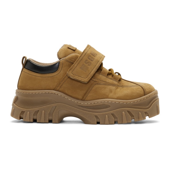 Photo: MSGM Tan Suede Strap Chunky Double Sole Sneakers