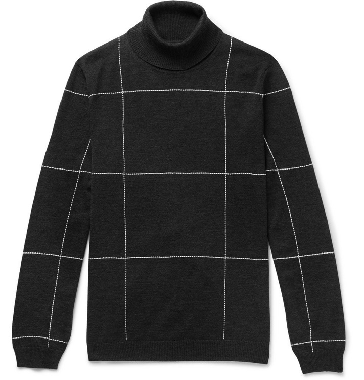 Photo: Dunhill - Slim-Fit Checked Embroidered Merino Wool Rollneck Sweater - Men - Charcoal