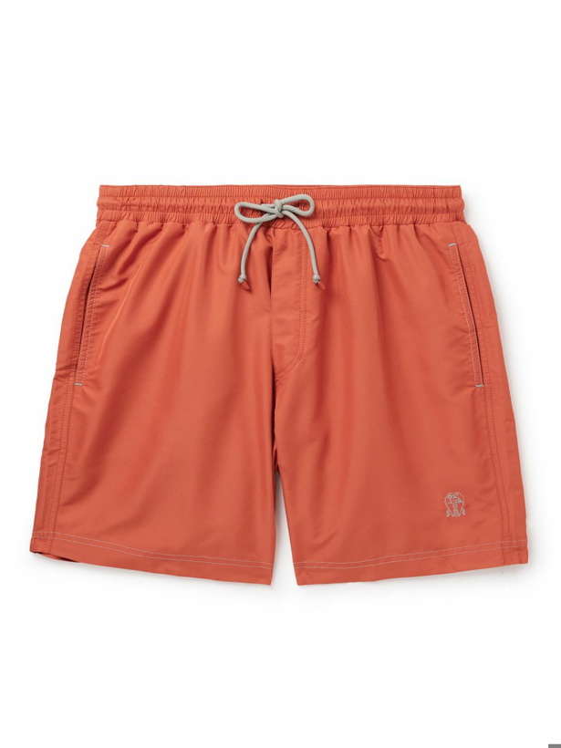 Photo: Brunello Cucinelli - Straight-Leg Long-Length Logo-Embroidered Swim Shorts - Orange