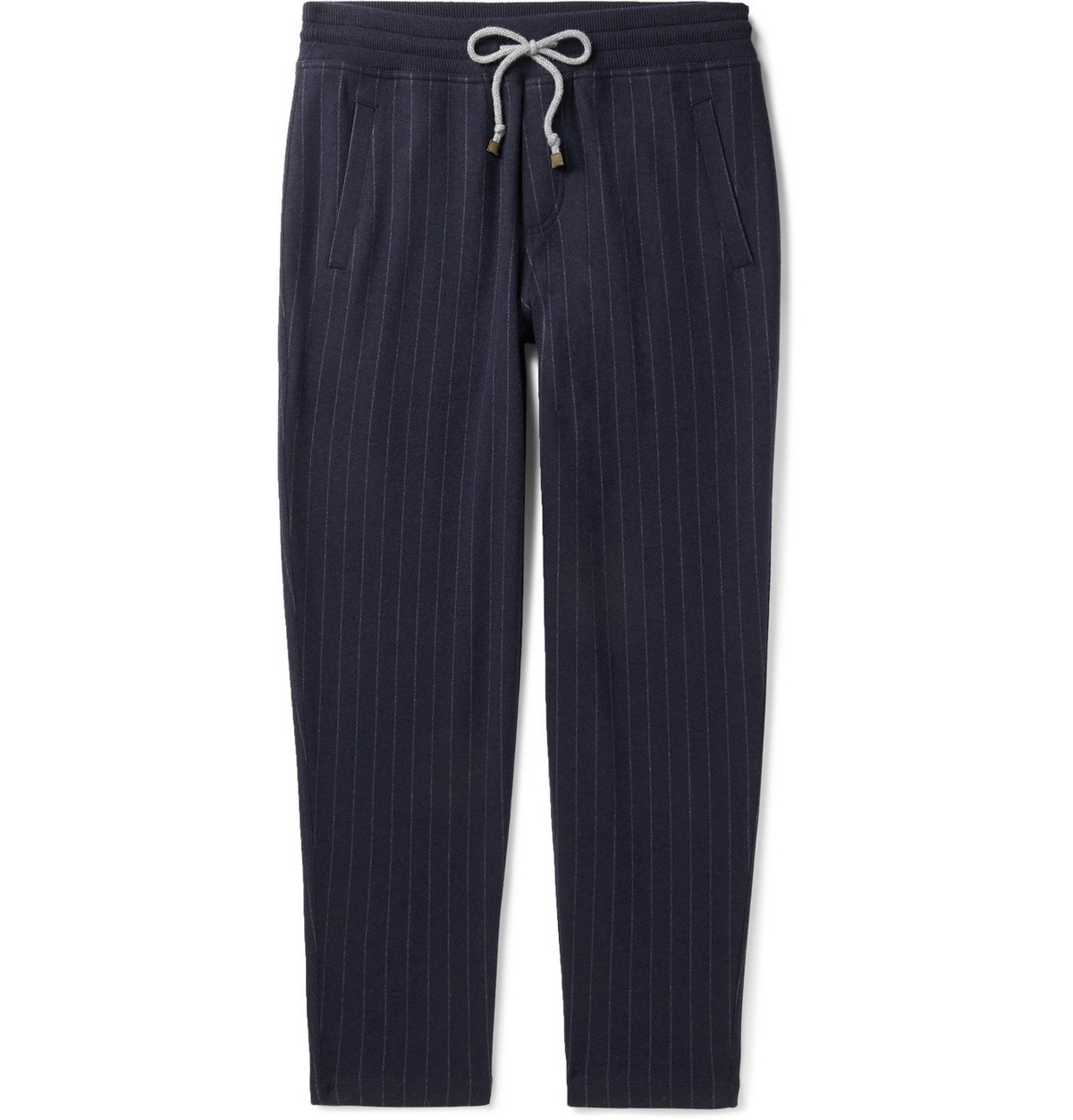 Photo: Brunello Cucinelli - Pinstriped Cashmere and Cotton-Blend Sweatpants - Blue